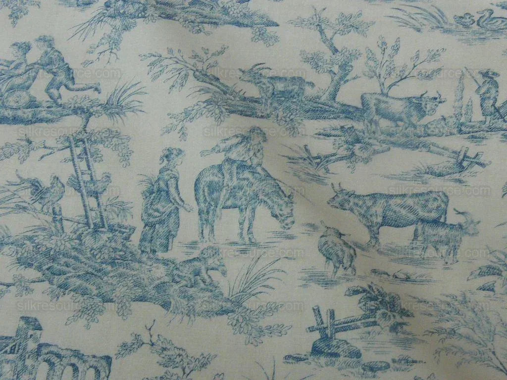 Scalamandre Toile de jouy Amuse Bouches Blue Cream White French Country Print Chintz Duck Dog Donkey MSRP USD 392/Y