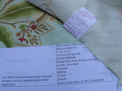 Scalamandre Aqua Kirkwood Squirrel Peacock Acorn Animals Cotton