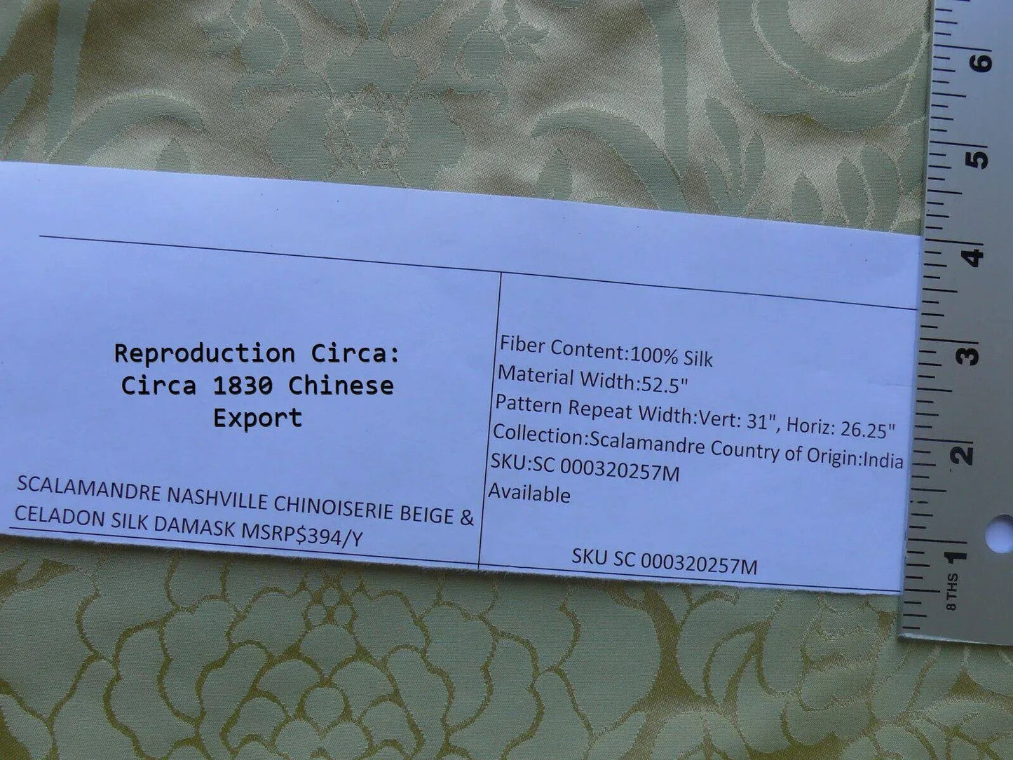 Scalamandre Nashville Celadon Green Beige 100% Silk Damask Chinoiserie Peony Flower Basket Circa 1830