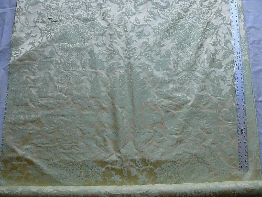 Scalamandre Nashville Celadon Green Beige 100% Silk Damask Chinoiserie Peony Flower Basket Circa 1830