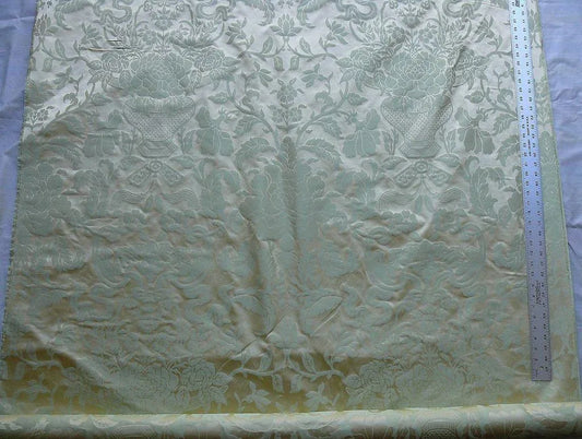 Scalamandre Nashville Celadon Green Beige 100% Silk Damask Chinoiserie Peony Flower Basket Circa 1830