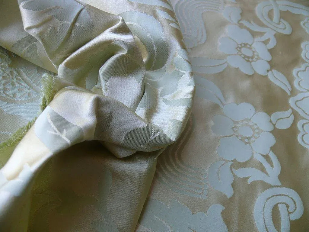 Scalamandre Nashville Celadon Green Beige 100% Silk Damask Chinoiserie Peony Flower Basket Circa 1830