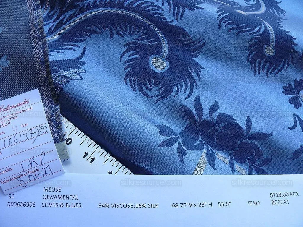 Scalamandre Neoclassical Meuse Ornamental Silver &amp; Blue Silk Per Vertical Repeat (1.9yds) MSRP USD 1436