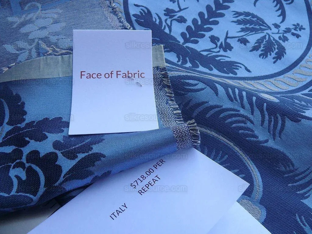 Scalamandre Neoclassical Meuse Ornamental Silver &amp; Blue Silk Per Vertical Repeat (1.9yds) MSRP USD 1436