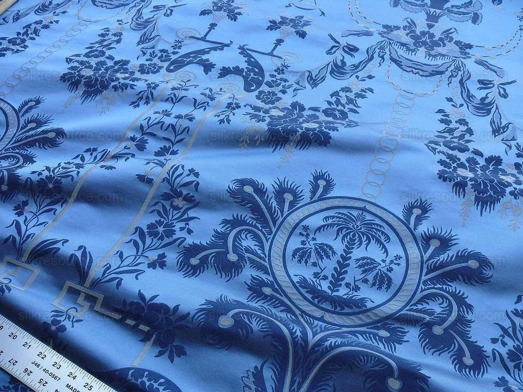 Scalamandre Neoclassical Meuse Ornamental Silver &amp; Blue Silk Per Vertical Repeat (1.9yds) MSRP USD 1436