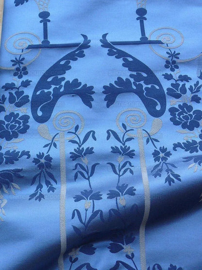 Scalamandre Neoclassical Meuse Ornamental Silver &amp; Blue Silk Per Vertical Repeat (1.9yds) MSRP USD 1436