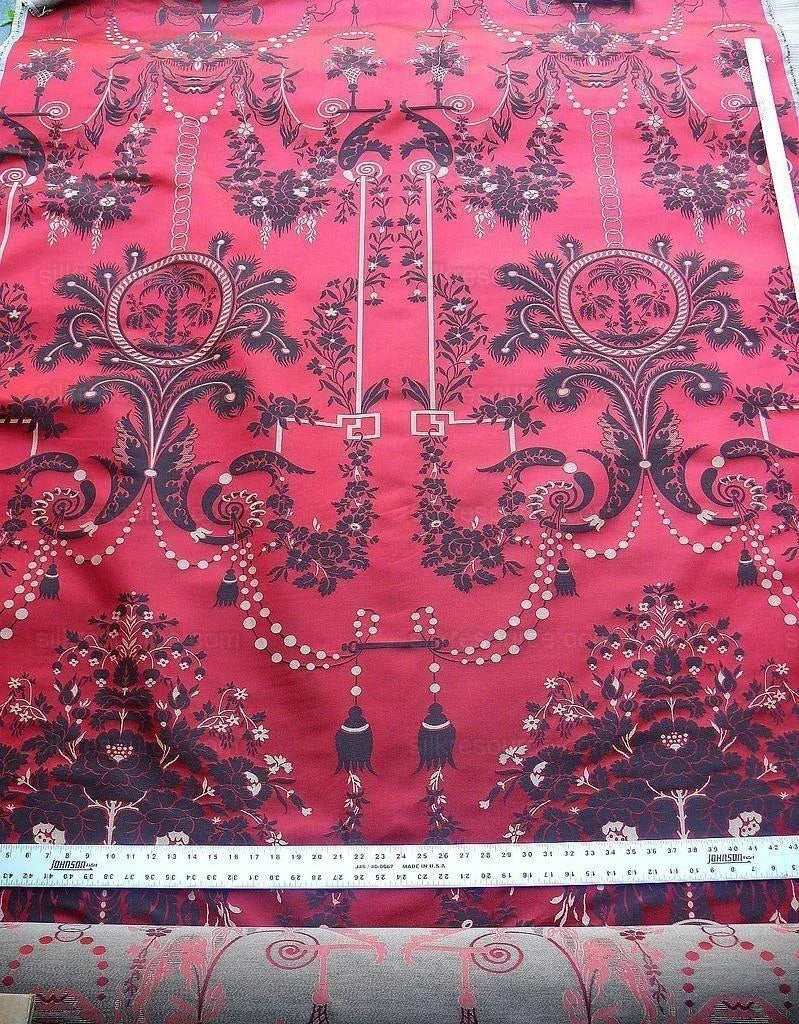 Scalamandre Neoclassical Meuse Ornamental Red Cream Brown Silk Rose Pearl Peacock by VR 1.9Y MSRP USD1436