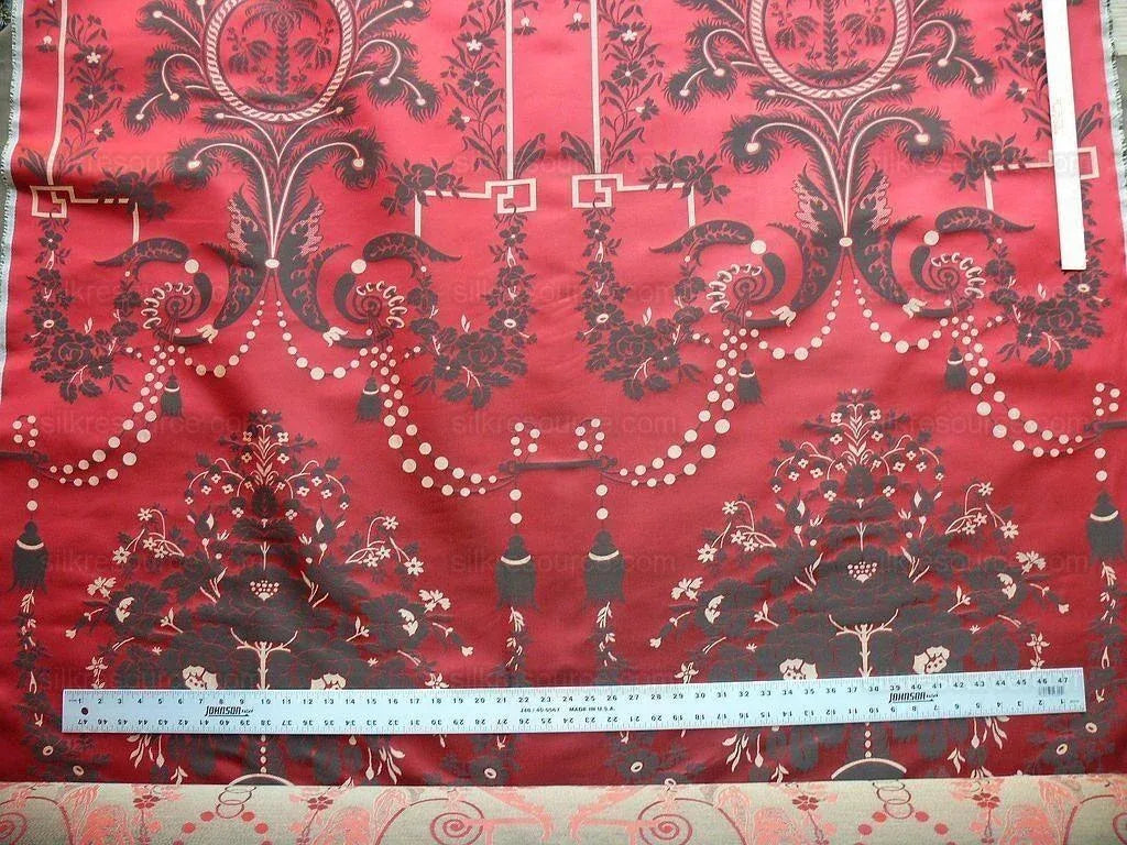 Scalamandre Neoclassical Meuse Ornamental Red Cream Brown Silk Rose Pearl Peacock by VR 1.9Y MSRP USD1436