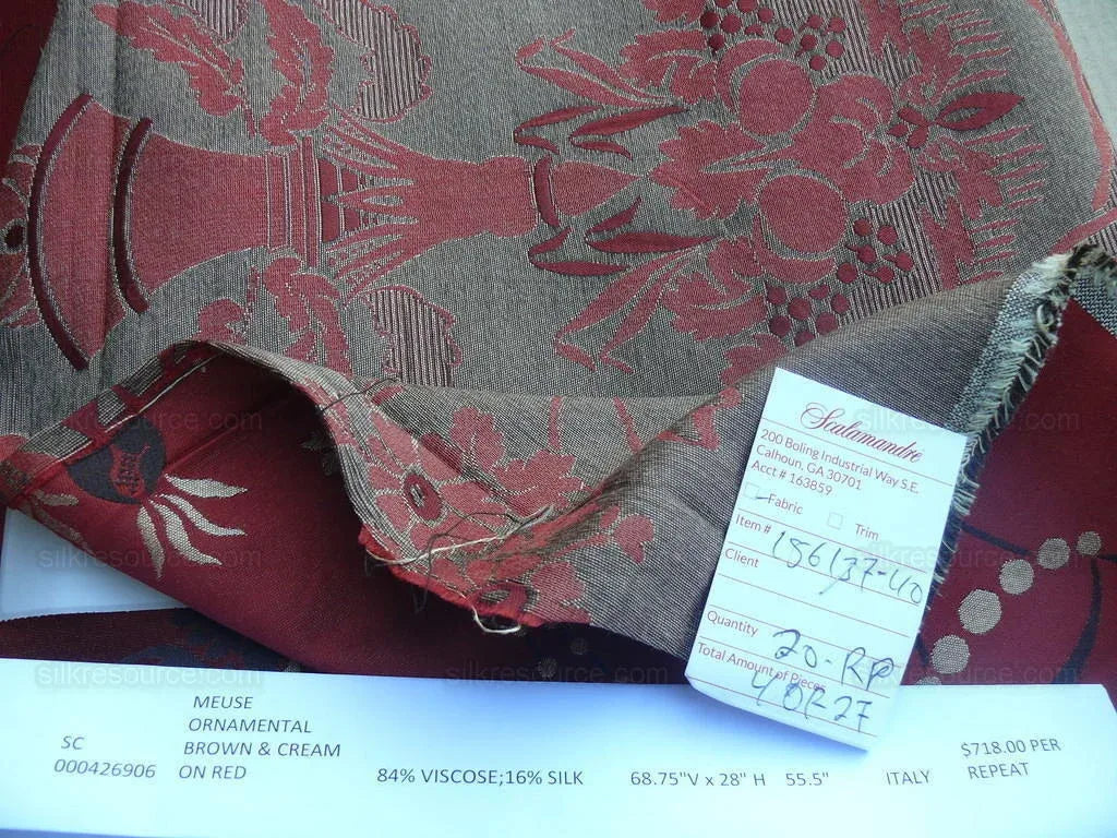 Scalamandre Neoclassical Meuse Ornamental Red Cream Brown Silk Rose Pearl Peacock by VR 1.9Y MSRP USD1436