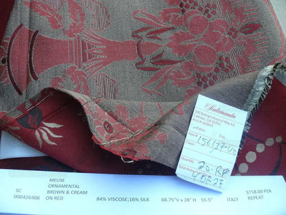 Scalamandre Neoclassical Meuse Ornamental Red Cream Brown Silk Rose Pearl Peacock by VR 1.9Y MSRP USD1436