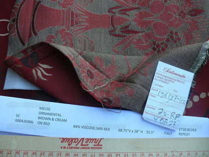 Scalamandre Neoclassical Meuse Ornamental Red Cream Brown Silk Rose Pearl Peacock by VR 1.9Y MSRP USD1436