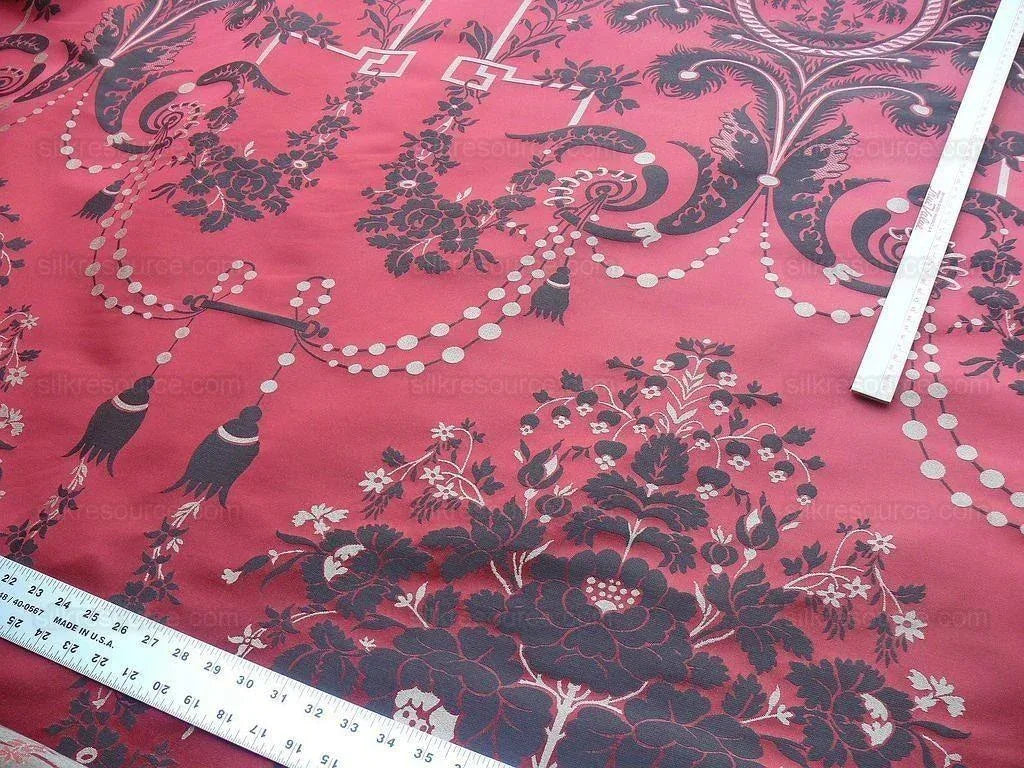 Scalamandre Neoclassical Meuse Ornamental Red Cream Brown Silk Rose Pearl Peacock by VR 1.9Y MSRP USD1436