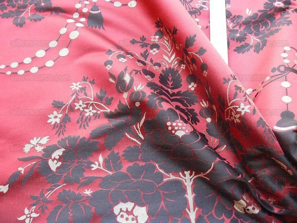 Scalamandre Neoclassical Meuse Ornamental Red Cream Brown Silk Rose Pearl Peacock by VR 1.9Y MSRP USD1436
