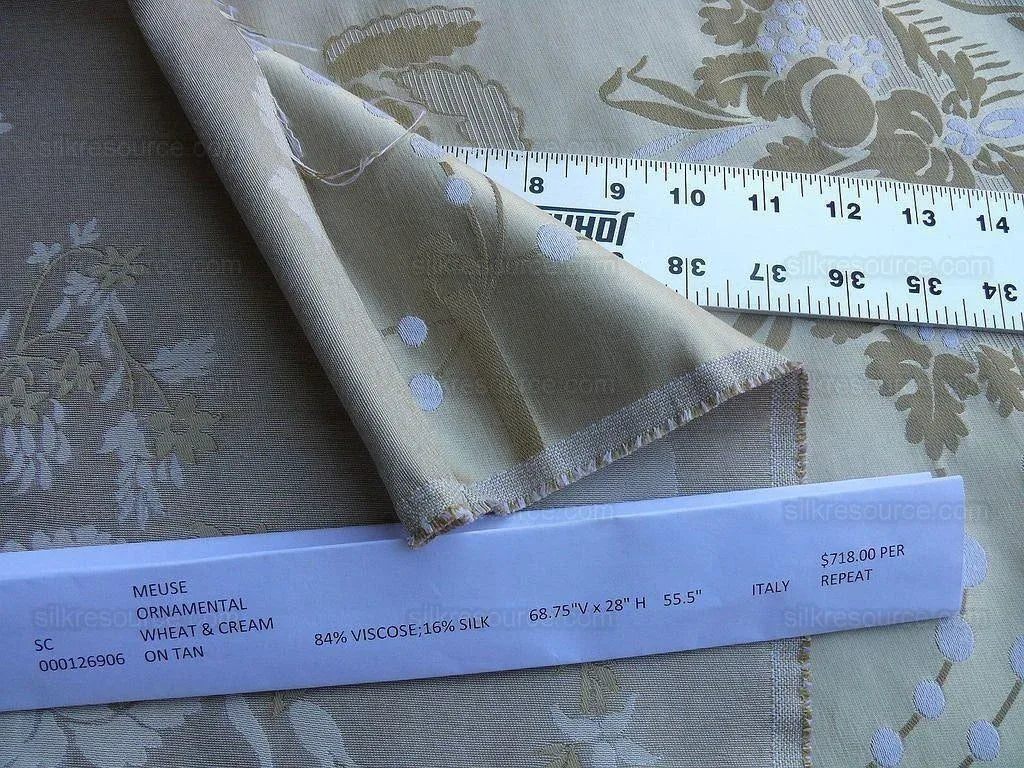 Scalamandre Neoclassical Meuse Ornamental Wheat &amp; Cream Silk Pearl Peacock Per Vertical Repeat (1.9yds) MSRP USD 1436