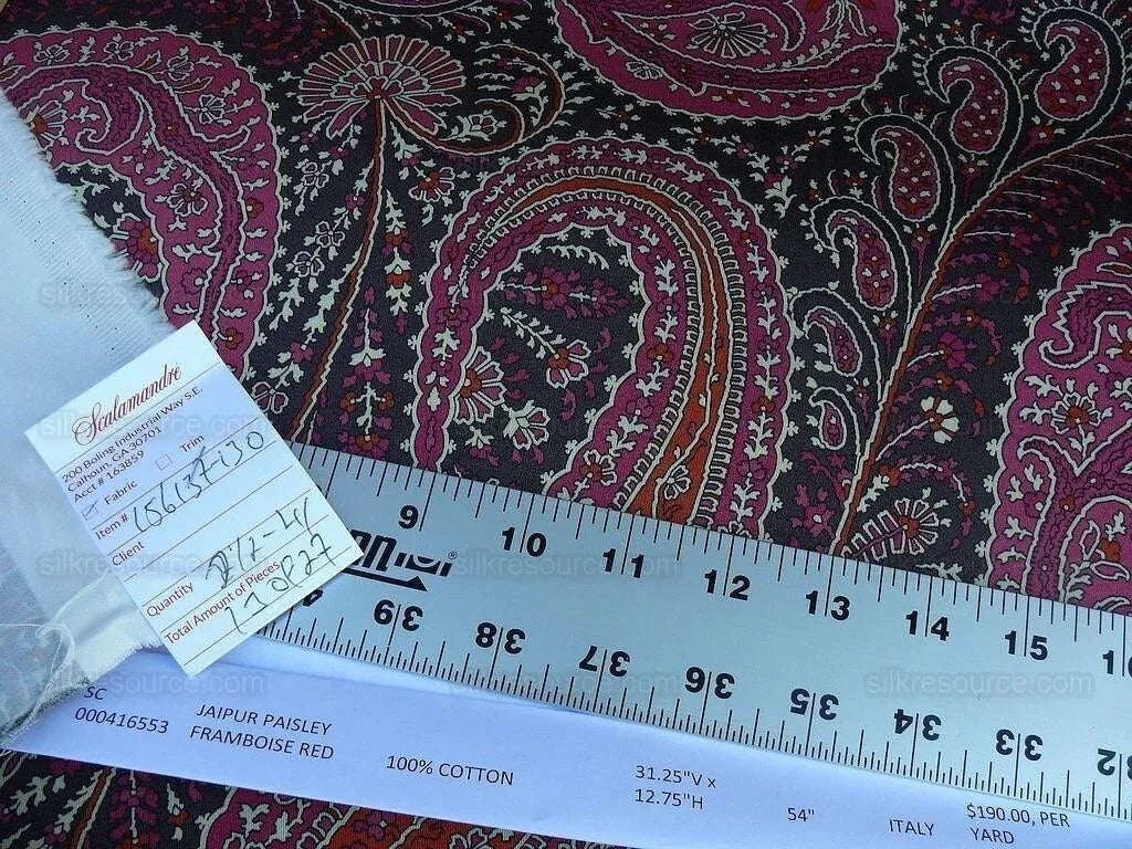 Scalamandre Jaipur Paisley Cotton Satin Framboise Pink Black Italy MSRP USD 190/Y