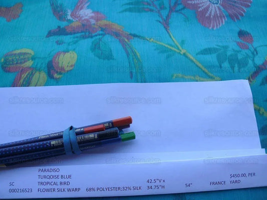 Scalamandre Paradiso Turquoise Blue Bird Tropical Floral Silk Warp Print Fr France MSRP USD 450/Y