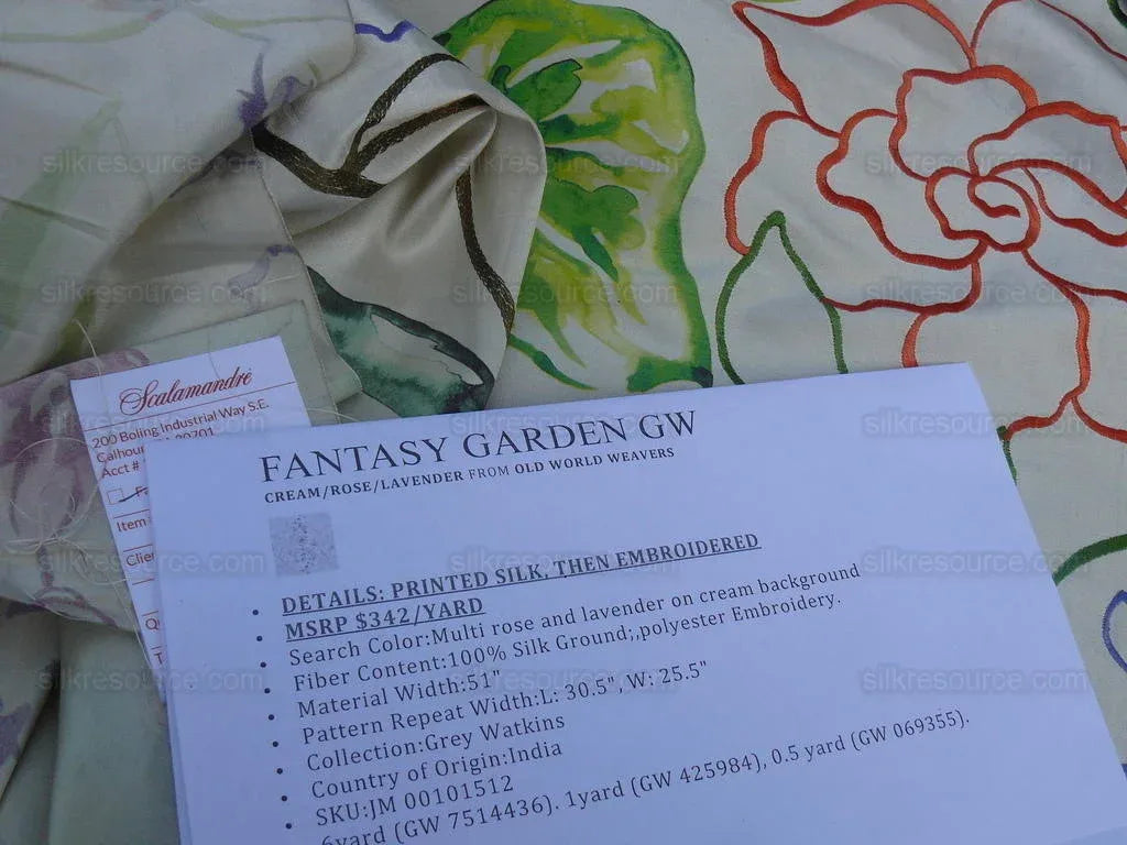 Scalamandre Fantasy Garden Cream Rose Lavender Blue Pink Silk Print Embroidery MSRP USD 342/Y