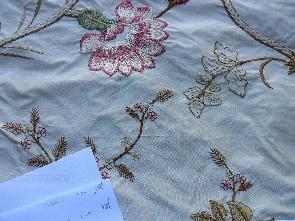 Old World Weavers Mitali Petal Pink On Cream Embroidery Silk Taffetta MSRP USD 348/Y