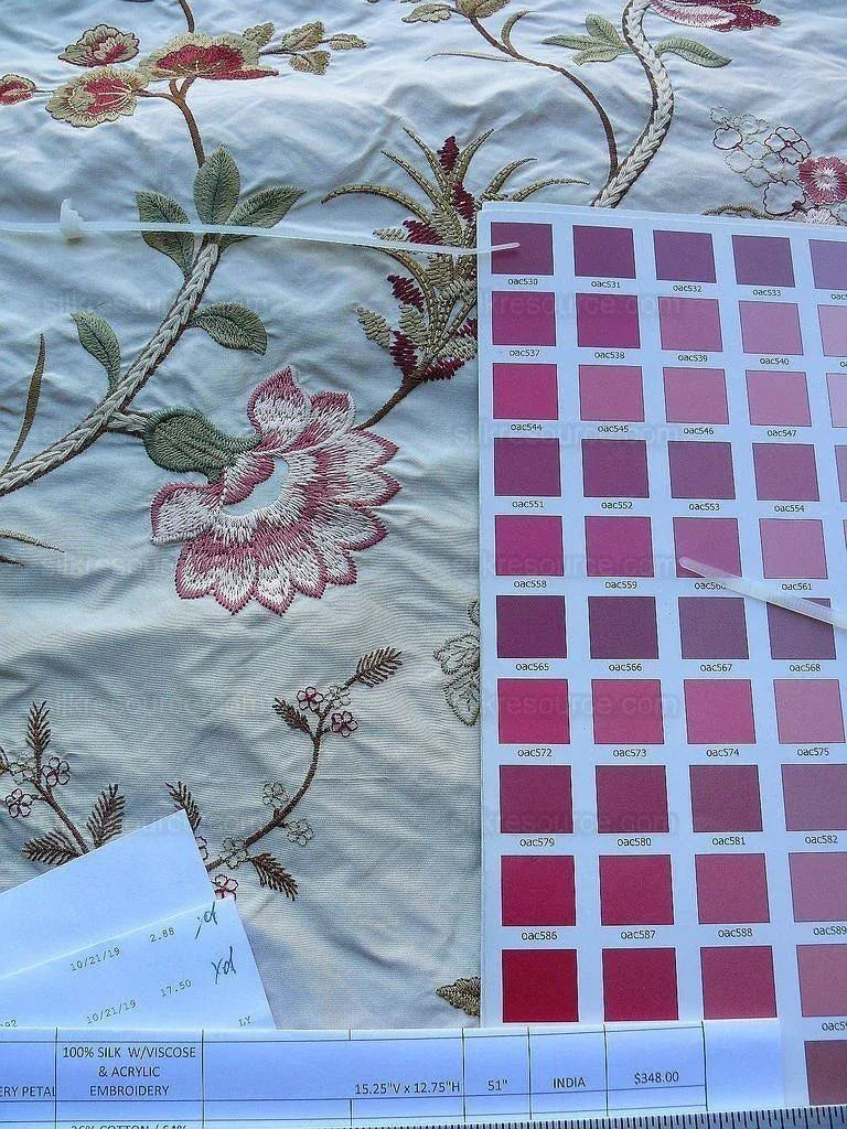 Old World Weavers Mitali Petal Pink On Cream Embroidery Silk Taffetta MSRP USD 348/Y