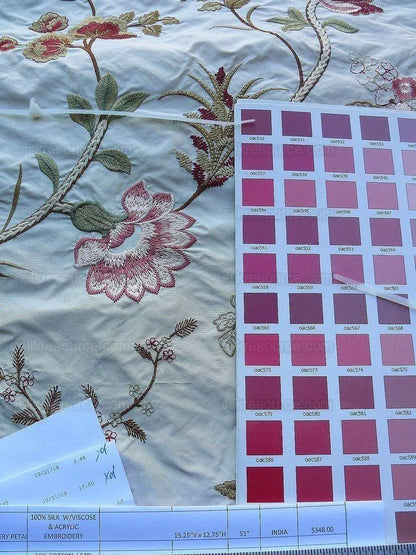 Old World Weavers Mitali Petal Pink On Cream Embroidery Silk Taffetta MSRP USD 348/Y