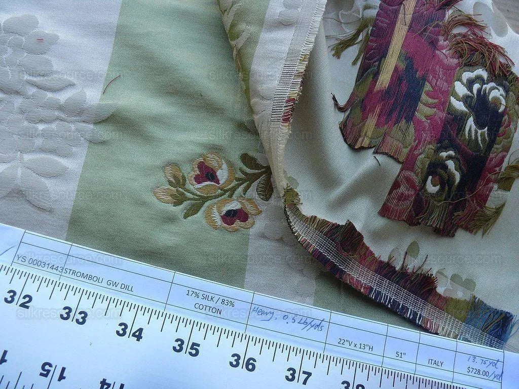 By Yd Old World Weavers Stromboli Italy Silk Lampas Green Red Flower MSRP USD 728/Y