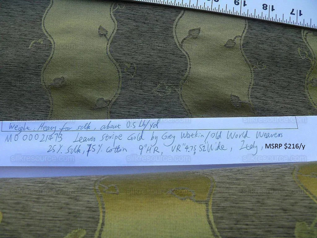 Bty Old World Weavers Silk Leaves Stripe Gold Foliage MSRP USD216/y