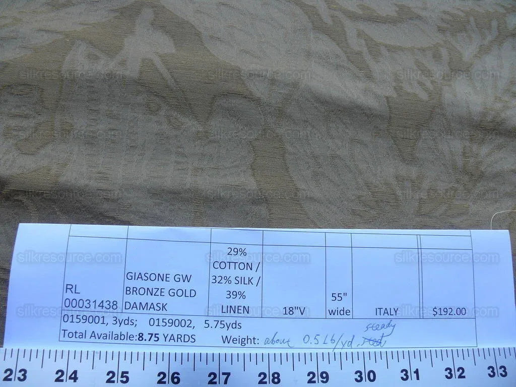 5.75+3y Old World Weavers Giasone Bronze Silk Damask Nautical