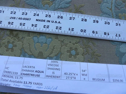 Scalamandre Lacerta Damask Cut Velvet Aqua Chartreuse MSRP USD 256/Y