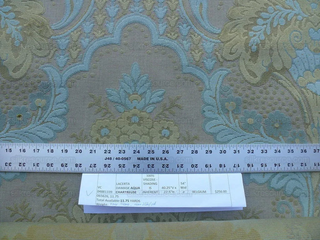 Scalamandre Lacerta Damask Cut Velvet Aqua Chartreuse MSRP USD 256/Y