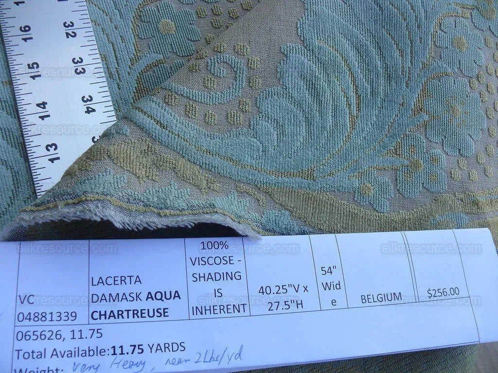Scalamandre Lacerta Damask Cut Velvet Aqua Chartreuse MSRP USD 256/Y