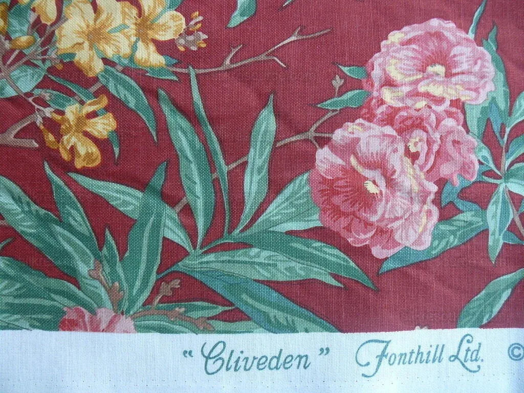 5.5y Scalamandre Cliveden Multi Red  Oleander flower Tree Branch Tropical Print on Cotton Linen  MSRP USD316/y