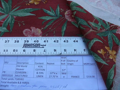 5.5y Scalamandre Cliveden Multi Red  Oleander flower Tree Branch Tropical Print on Cotton Linen  MSRP USD316/y