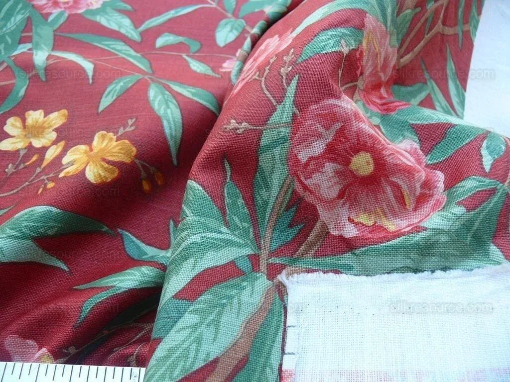 5.5y Scalamandre Cliveden Multi Red  Oleander flower Tree Branch Tropical Print on Cotton Linen  MSRP USD316/y