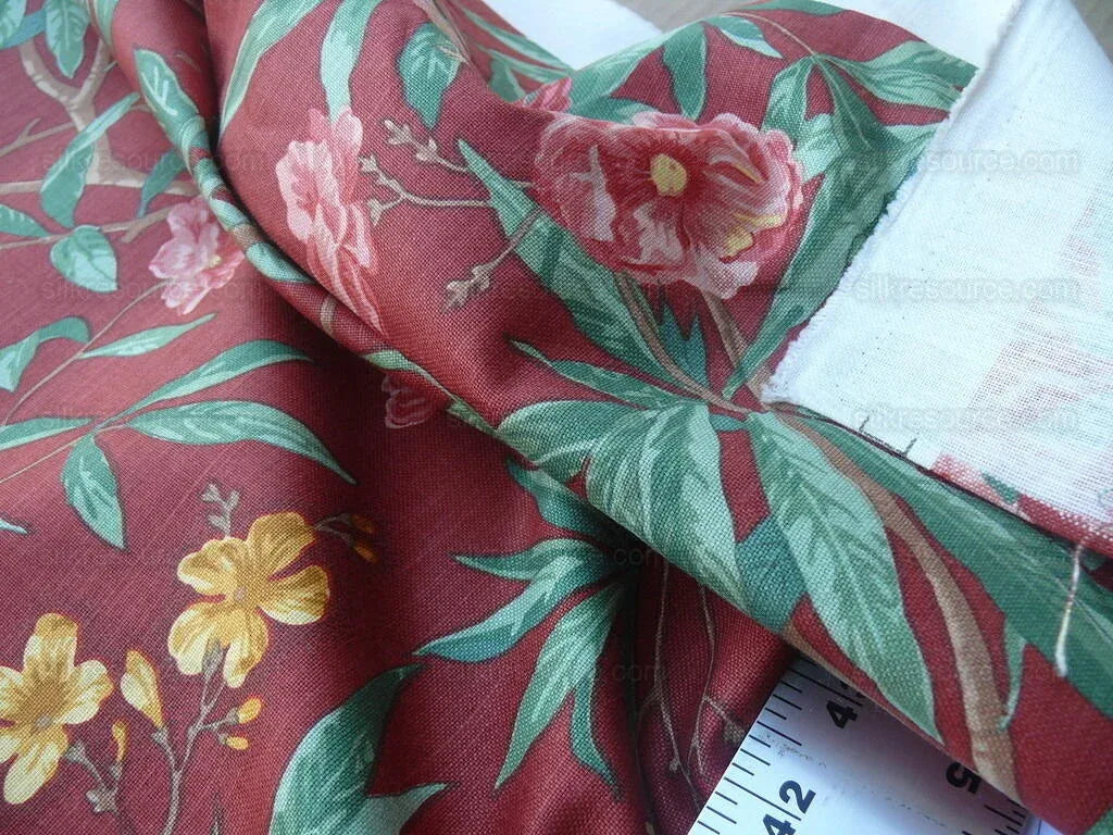 5.5y Scalamandre Cliveden Multi Red  Oleander flower Tree Branch Tropical Print on Cotton Linen  MSRP USD316/y