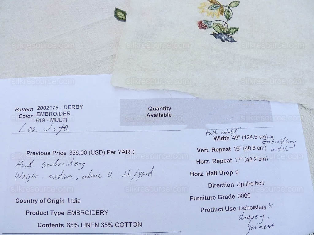 by yard Lee Jofa Derby Embroidery Hand Crewel Linen Small Sprig MSRP USD 336Y