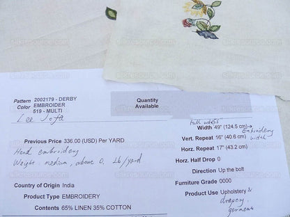 by yard Lee Jofa Derby Embroidery Hand Crewel Linen Small Sprig MSRP USD 336Y