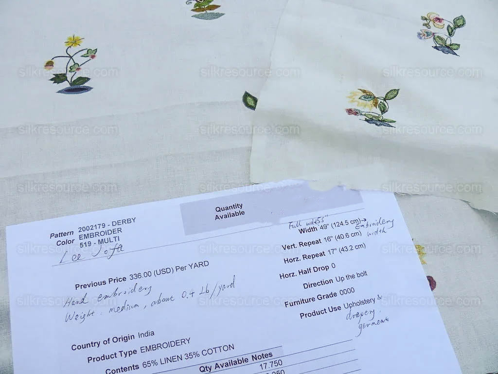 by yard Lee Jofa Derby Embroidery Hand Crewel Linen Small Sprig MSRP USD 336Y