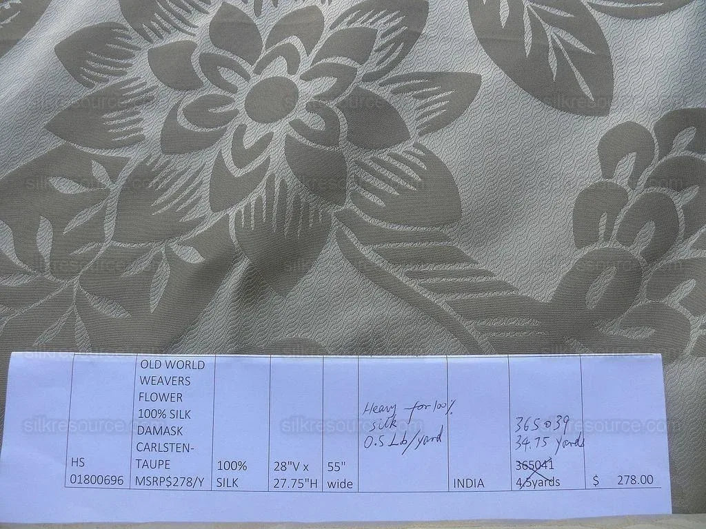 Old World Weavers 100% Silk Damask Carlsten Taupe MSRP USD 278/Y