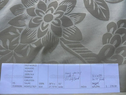 Old World Weavers 100% Silk Damask Carlsten Taupe MSRP USD 278/Y
