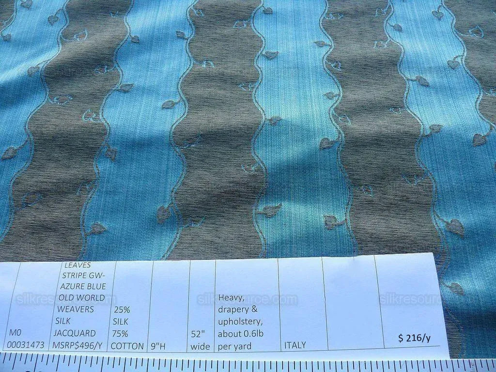 Old World Weavers Silk Leaves Stripe Azure Blue Foliage MSRP USD216/y by yard