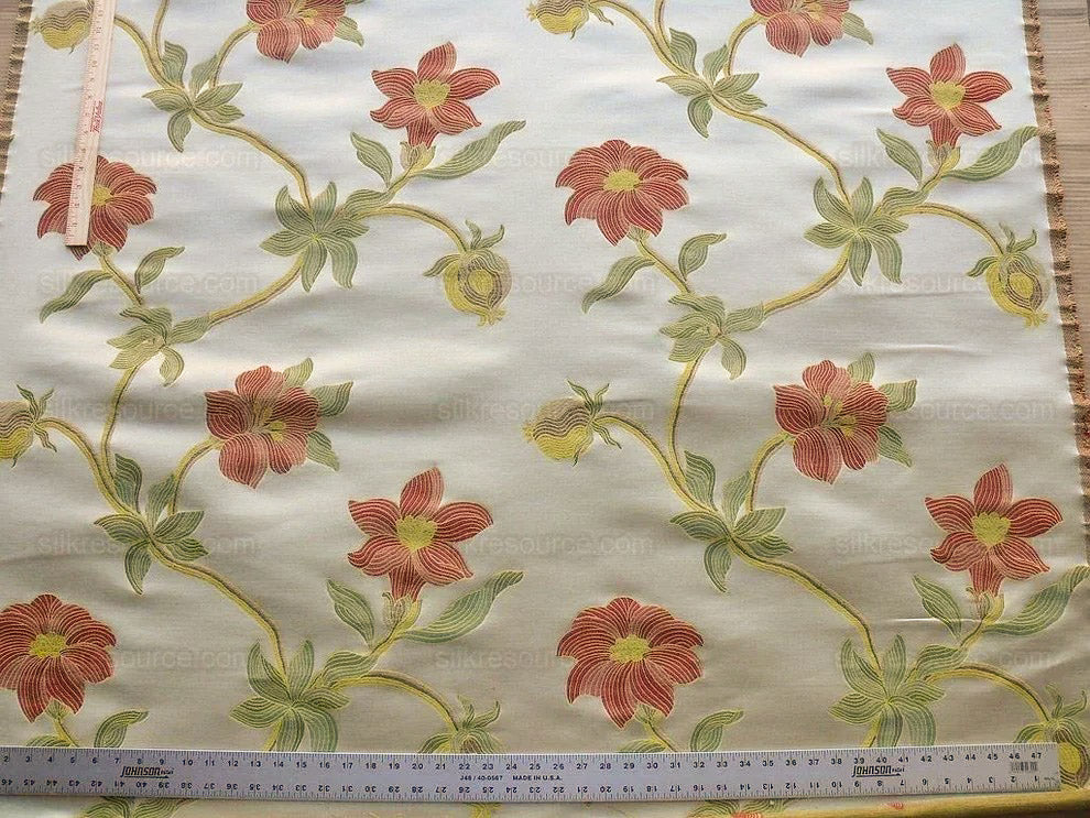 Scalamandre Caserta Lampas Silk Wool Pomegranate Lilies Beige Red MSRP USD 496/Y