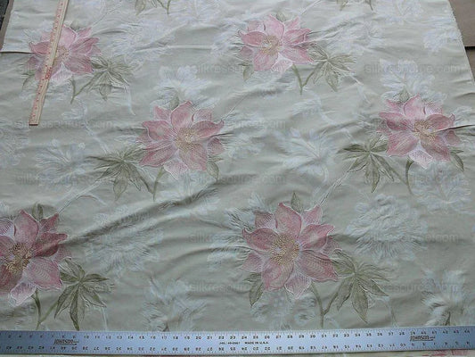 Scalamandre Austine Cream Large Flower Embroidery On Silk Damask Pink White Green MSRP USD 172/Y
