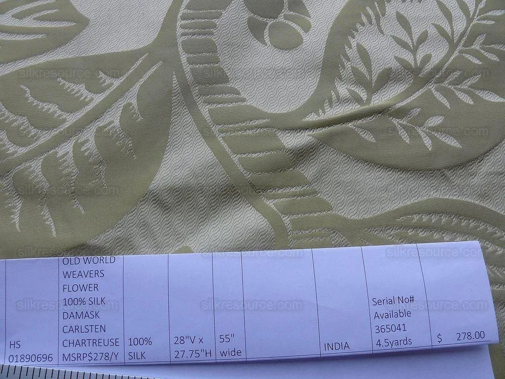 Old World Weavers 100% Silk Damask Carlsten Chartreus MSRP USD 278/Y