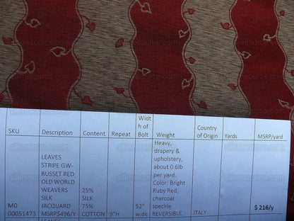 Old World Weavers Silk Leaves Stripe Russet Red Foliage Lampas MSRP USD216/y