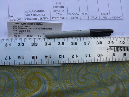 By Yard Scalamandre Villa Rizzardi Chartreuse/sky Blue Paisley Thick Silk Damask MSRP USD 276Y