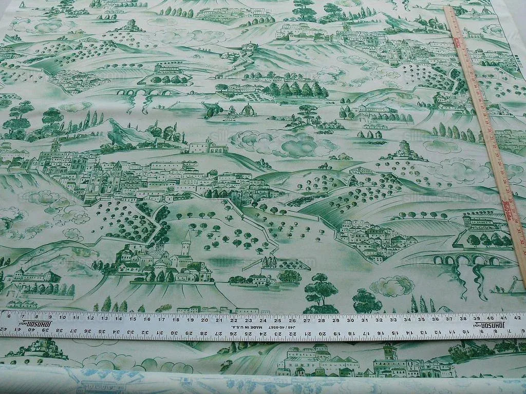 4.5y Scalamandre Toile Scenes From Tuscany- Green On White MSRP$