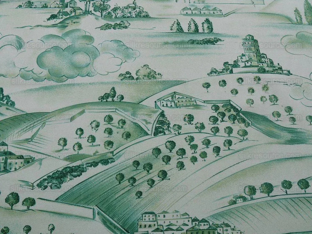4.5y Scalamandre Toile Scenes From Tuscany- Green On White MSRP$
