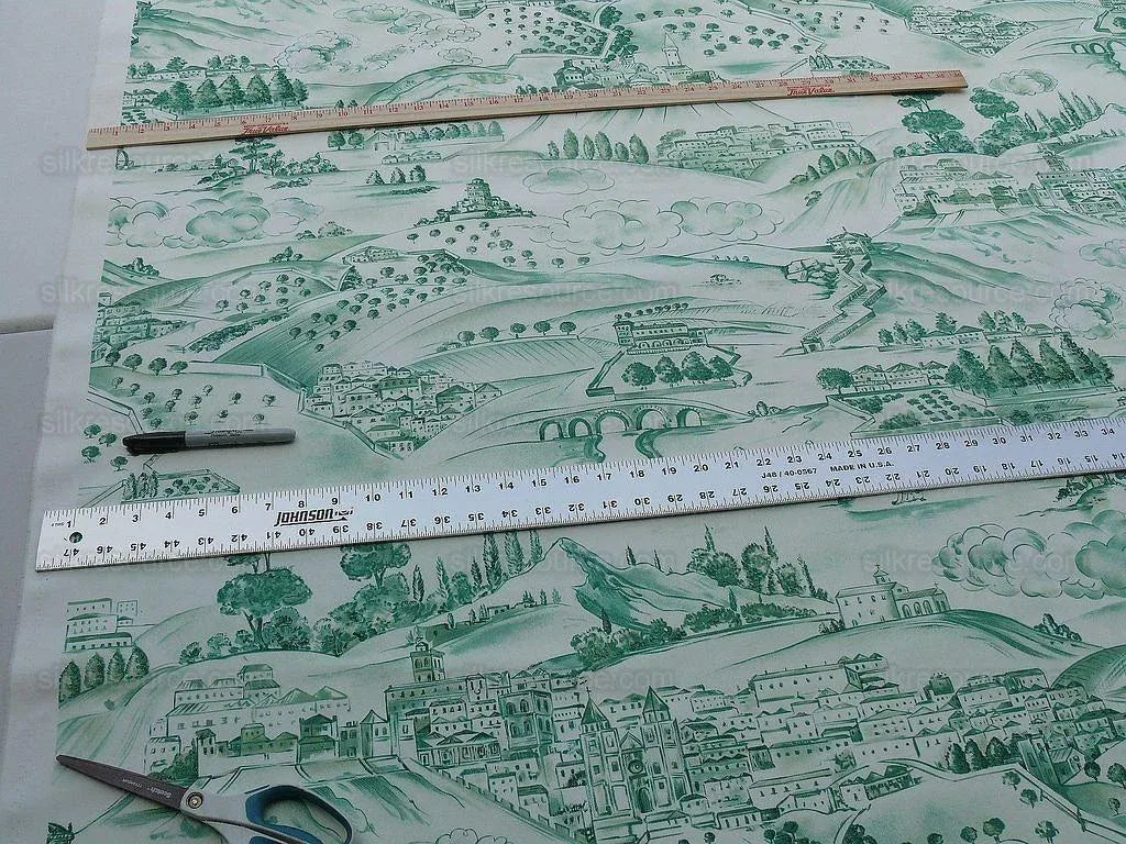 4.5y Scalamandre Toile Scenes From Tuscany- Green On White MSRP$