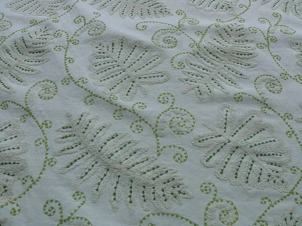 By Yd Scalamandre Grey Watkins Fossils Light Green on Beige Embroidery Crewel on Cotton Heavy MSRP USD 372/Y!