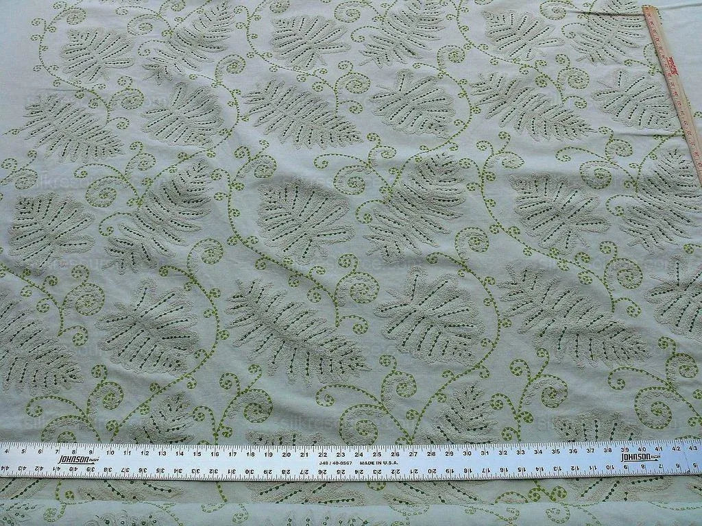 By Yd Scalamandre Grey Watkins Fossils Light Green on Beige Embroidery Crewel on Cotton Heavy MSRP USD 372/Y!